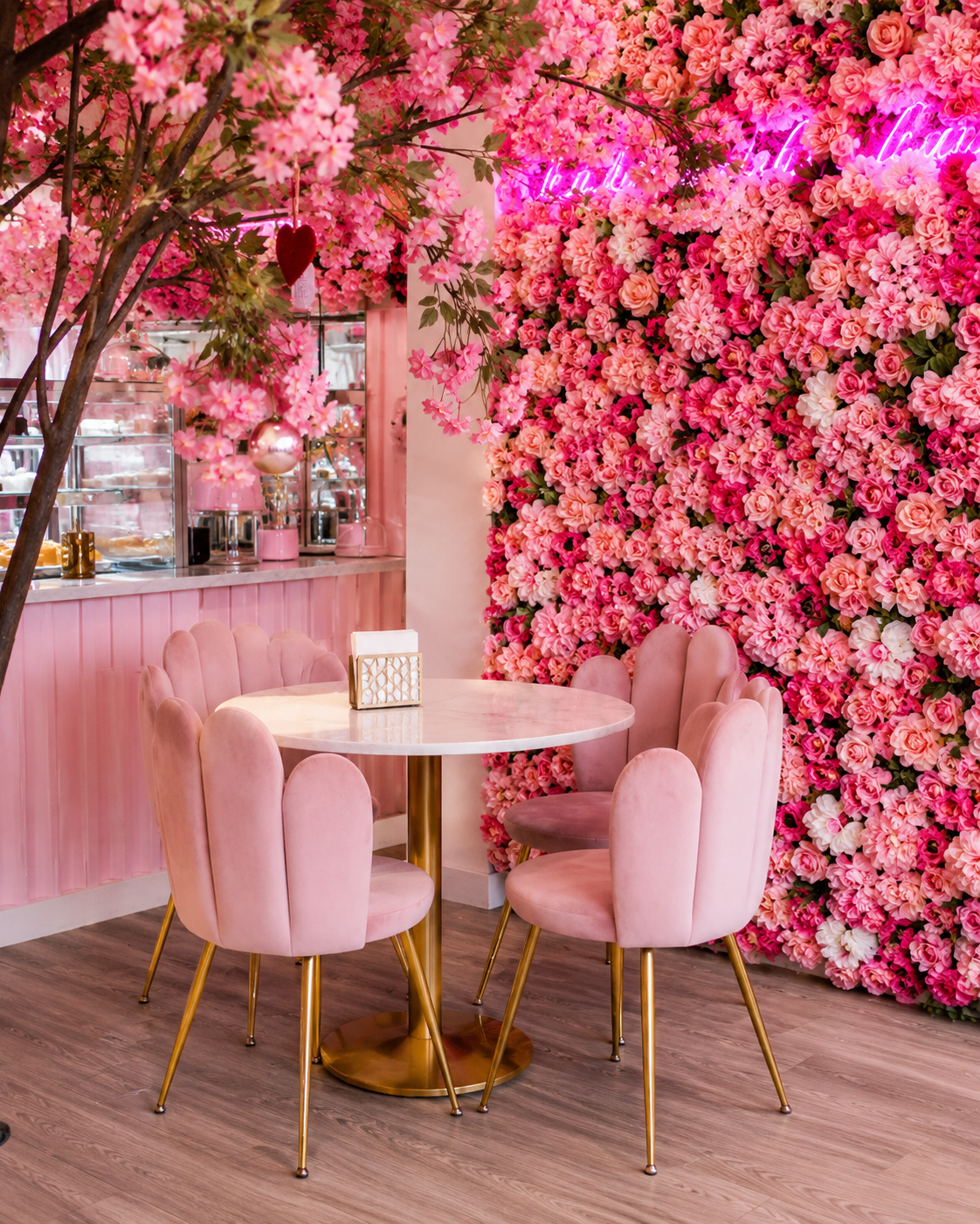 El Café pink flower wall interior dining area with marble tables