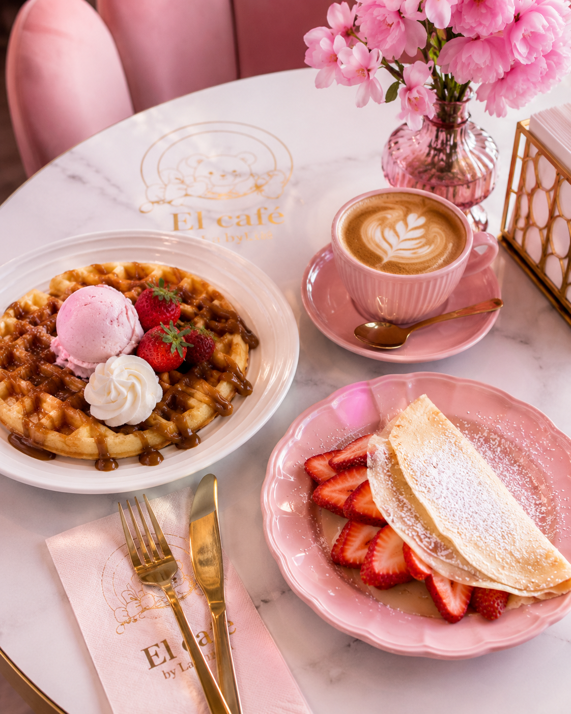 Strawberry crepe waffle and coffee at El Café